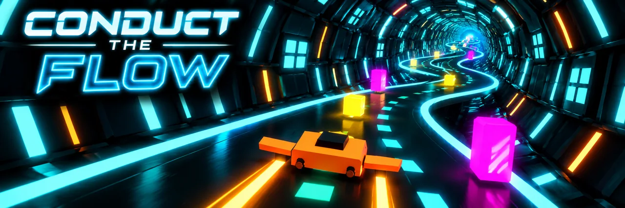Conduct the Flow cover artwork: a ship races through a neon tunnel with colourful blocks