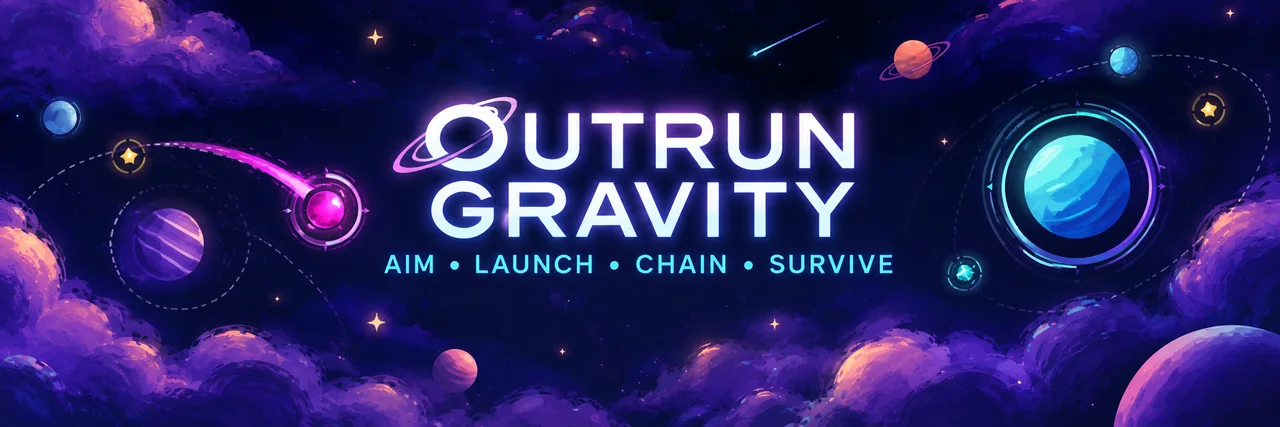 Outrun Gravity cover artwork: glowing planets and orbital paths in a colourful galaxy