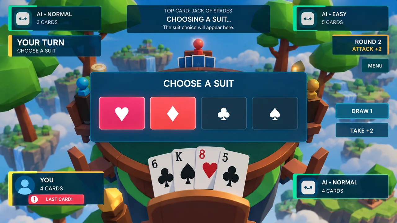 7 Cards: Suit Attack showing a card table, a hand of cards and suit selection