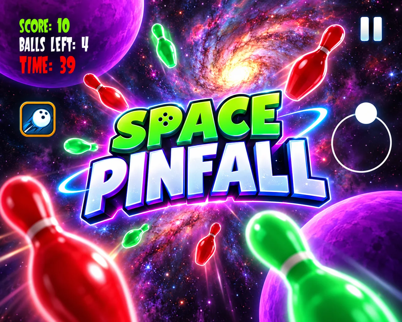 Space PinFall cover artwork with glowing bowling pins, a white ball and a purple galaxy